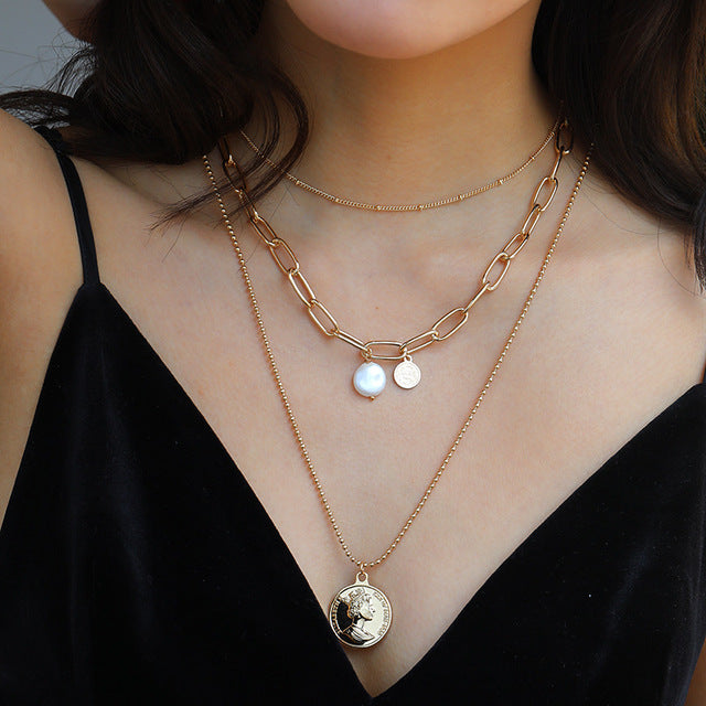 Goth Baroque Pearl Coin Portrait Pendant Necklace for Women Vintage Multi Layer Link Chain Necklace Punk Aesthetic Jewelry