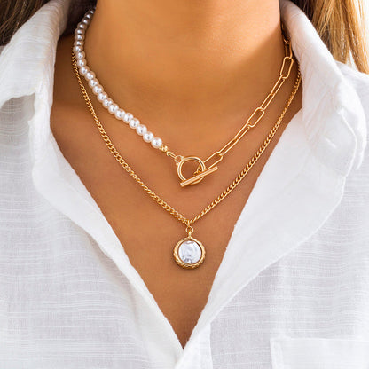 Goth Baroque Pearl Coin Portrait Pendant Necklace for Women Vintage Multi Layer Link Chain Necklace Punk Aesthetic Jewelry