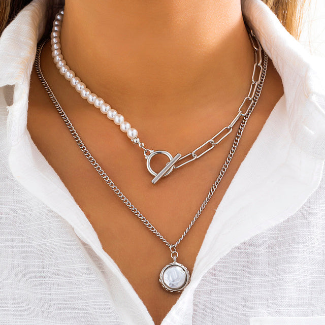 Goth Baroque Pearl Coin Portrait Pendant Necklace for Women Vintage Multi Layer Link Chain Necklace Punk Aesthetic Jewelry