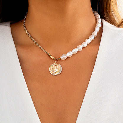 Goth Baroque Pearl Coin Portrait Pendant Necklace for Women Vintage Multi Layer Link Chain Necklace Punk Aesthetic Jewelry