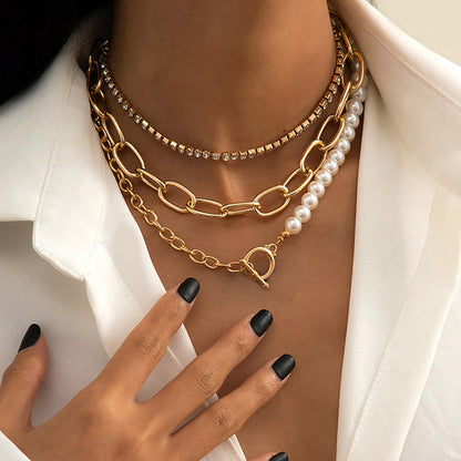 Goth Baroque Pearl Coin Portrait Pendant Necklace for Women Vintage Multi Layer Link Chain Necklace Punk Aesthetic Jewelry